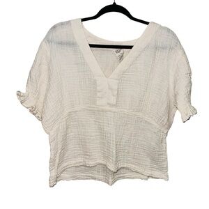 Cotton Flower Gauze White V-Neck Peplum Boho Top